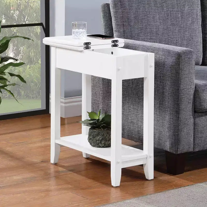Flip Top End Table with Concealed Storage, Straight Legs and Narrow Design