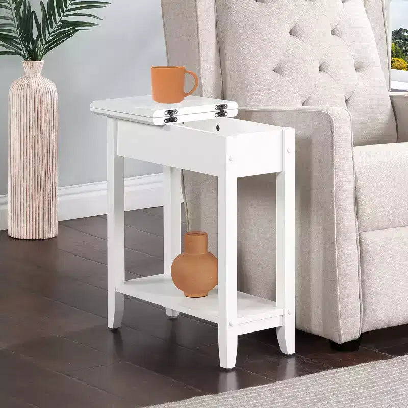 Flip Top End Table with Concealed Storage, Straight Legs and Narrow Design