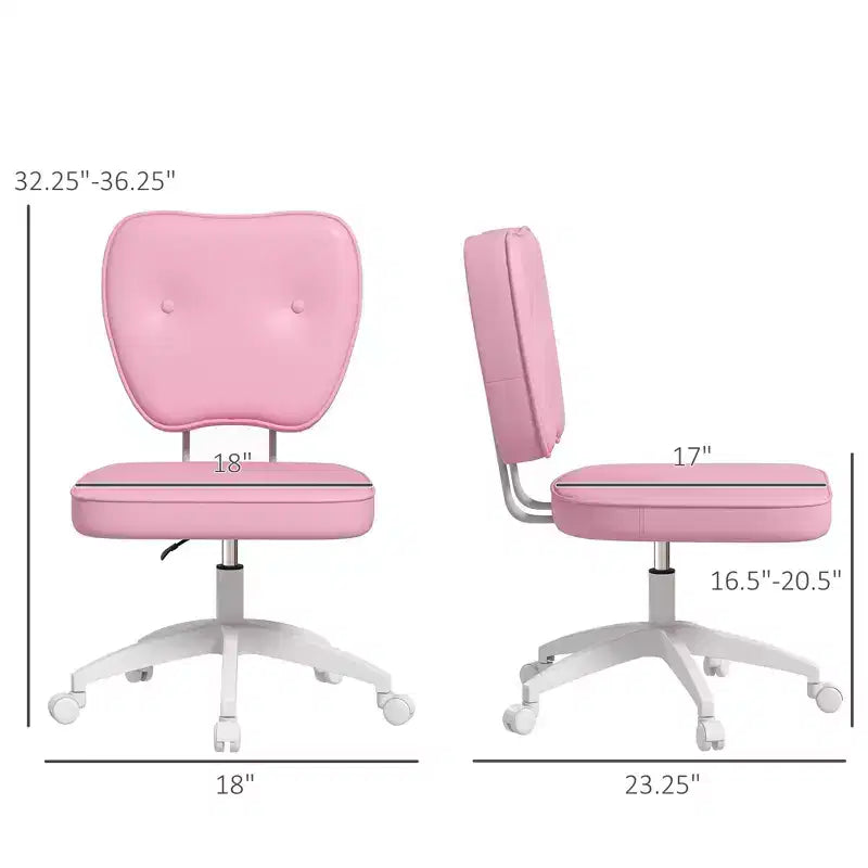 Armless Office Chair with Wheels and Adjustable Height, Pink