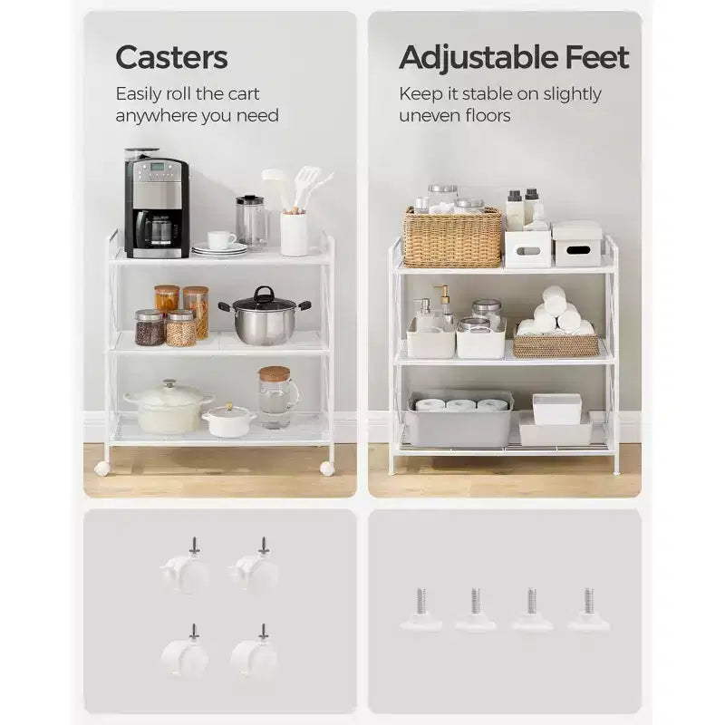 3-Tier Rolling Storage Cart with Wire Mesh Shelves and Locking Casters