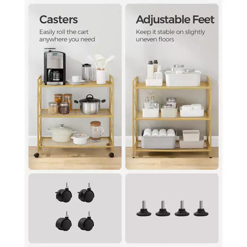 3-Tier Rolling Storage Cart with Wire Mesh Shelves and Locking Casters