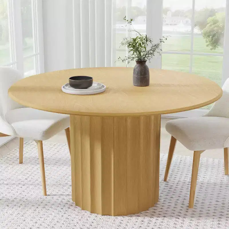 52" Round Wood Dining Table with Fluted Pedestal Base, Seats 4-6