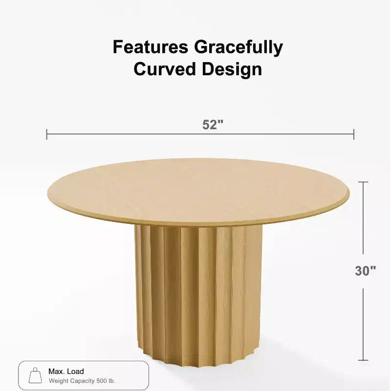 52" Round Wood Dining Table with Fluted Pedestal Base, Seats 4-6