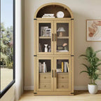 Arched Bookshelf with Doors and Drawers, Farmhouse Display Storage Shelves, 71.4in Tall Wooden Display Cabinet