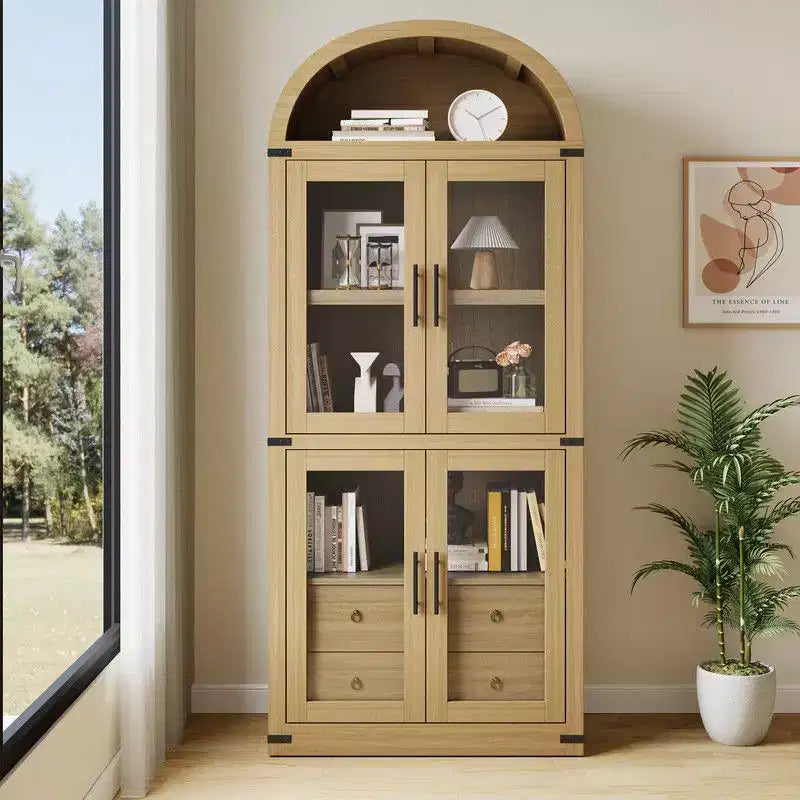 Arched Bookshelf with Doors and Drawers, Farmhouse Display Storage Shelves, 71.4in Tall Wooden Display Cabinet
