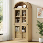 Arched Bookshelf with Doors and Drawers, Farmhouse Display Storage Shelves, 71.4in Tall Wooden Display Cabinet