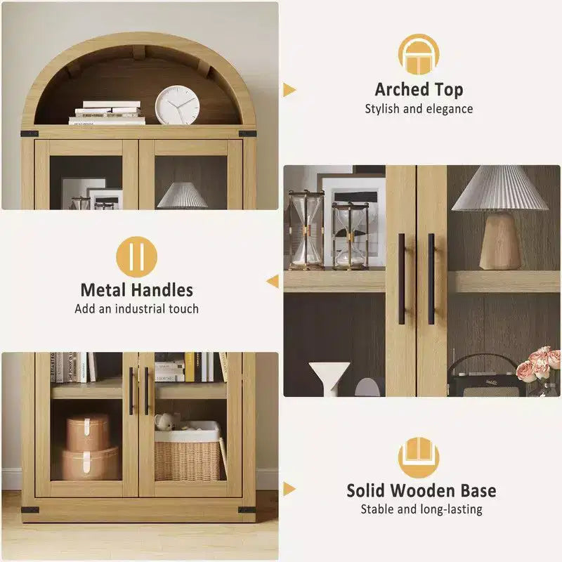 Arched Bookshelf with Doors and Drawers, Farmhouse Display Storage Shelves, 71.4in Tall Wooden Display Cabinet