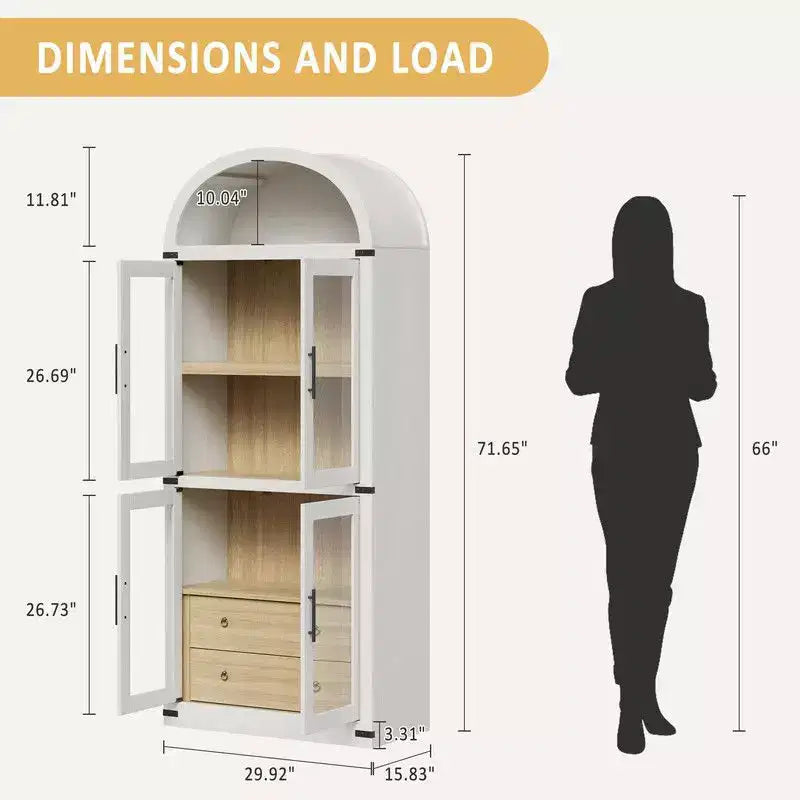 Arched Bookshelf with Doors and Drawers, Farmhouse Display Storage Shelves, 71.4in Tall Wooden Display Cabinet