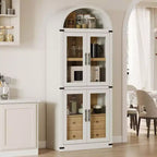 Arched Bookshelf with Doors and Drawers, Farmhouse Display Storage Shelves, 71.4in Tall Wooden Display Cabinet