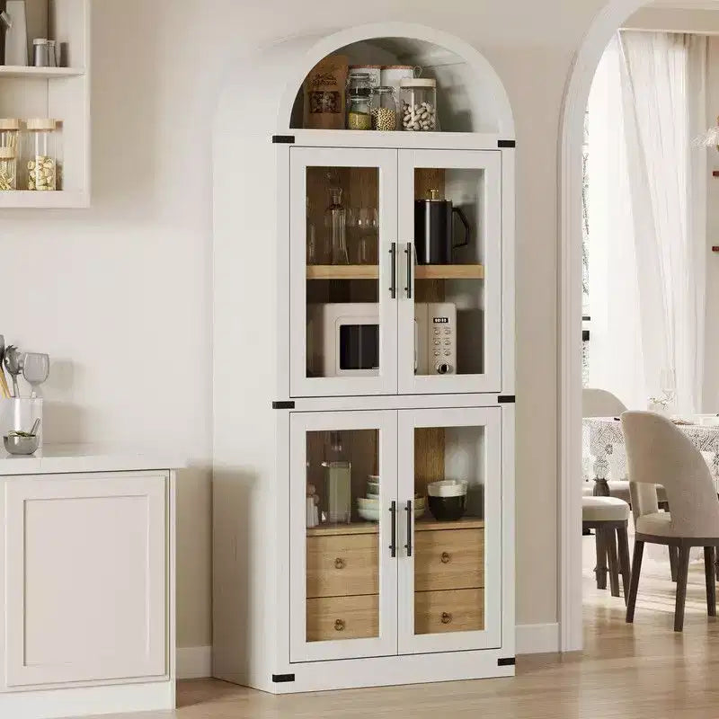 Arched Bookshelf with Doors and Drawers, Farmhouse Display Storage Shelves, 71.4in Tall Wooden Display Cabinet