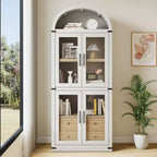 Arched Bookshelf with Doors and Drawers, Farmhouse Display Storage Shelves, 71.4in Tall Wooden Display Cabinet
