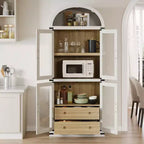 Arched Bookshelf with Doors and Drawers, Farmhouse Display Storage Shelves, 71.4in Tall Wooden Display Cabinet