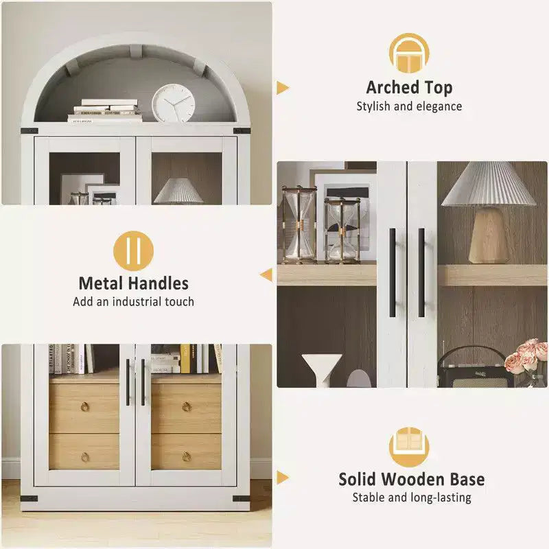 Arched Bookshelf with Doors and Drawers, Farmhouse Display Storage Shelves, 71.4in Tall Wooden Display Cabinet