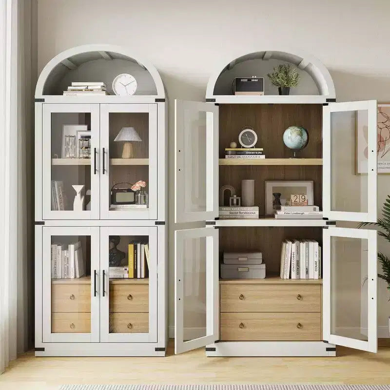 Arched Bookshelf with Doors and Drawers, Farmhouse Display Storage Shelves, 71.4in Tall Wooden Display Cabinet