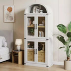 Arched Bookshelf with Doors and Drawers, Farmhouse Display Storage Shelves, 71.4in Tall Wooden Display Cabinet