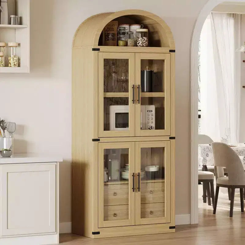 Arched Bookshelf with Doors and Drawers, Farmhouse Display Storage Shelves, 71.4in Tall Wooden Display Cabinet