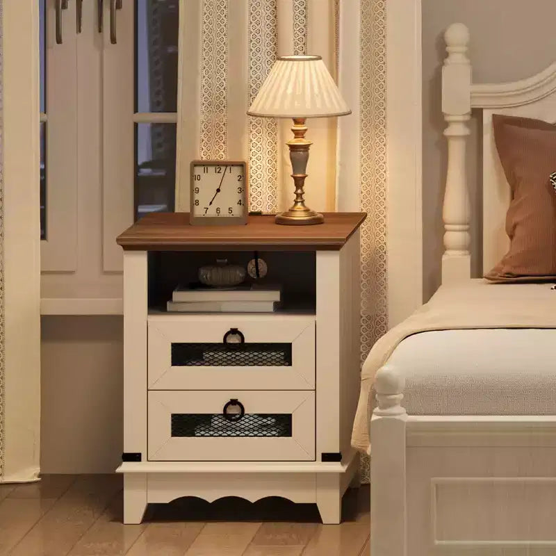Nightstand with Charging Station, End Table with Drawer and Open Shelf, Brown and White