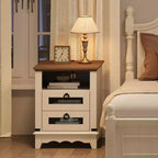 Nightstand with Charging Station, End Table with Drawer and Open Shelf, Brown and White