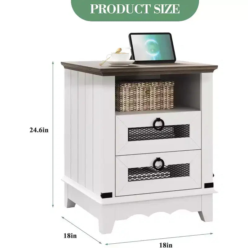 Nightstand with Charging Station, End Table with Drawer and Open Shelf, Brown and White