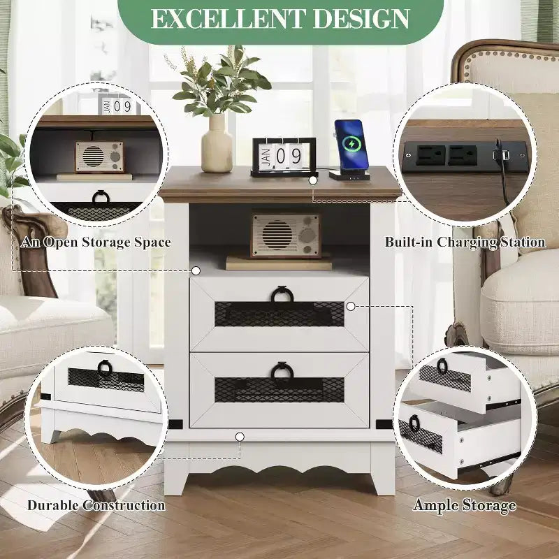 Nightstand with Charging Station, End Table with Drawer and Open Shelf, Brown and White