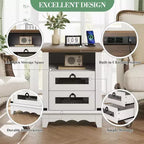 Nightstand with Charging Station, End Table with Drawer and Open Shelf, Brown and White