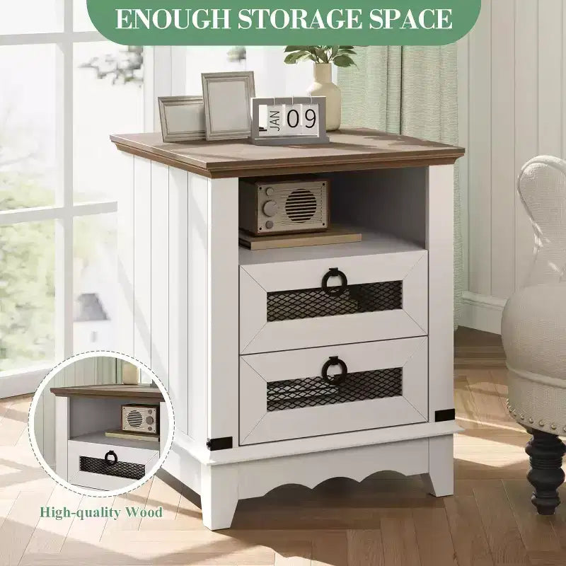 Nightstand with Charging Station, End Table with Drawer and Open Shelf, Brown and White