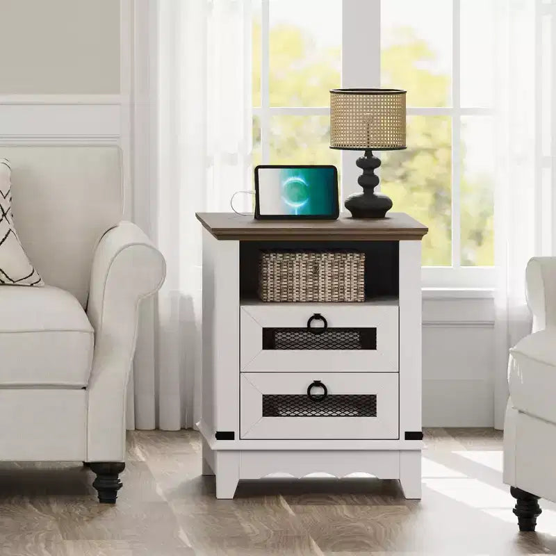 Nightstand with Charging Station, End Table with Drawer and Open Shelf, Brown and White