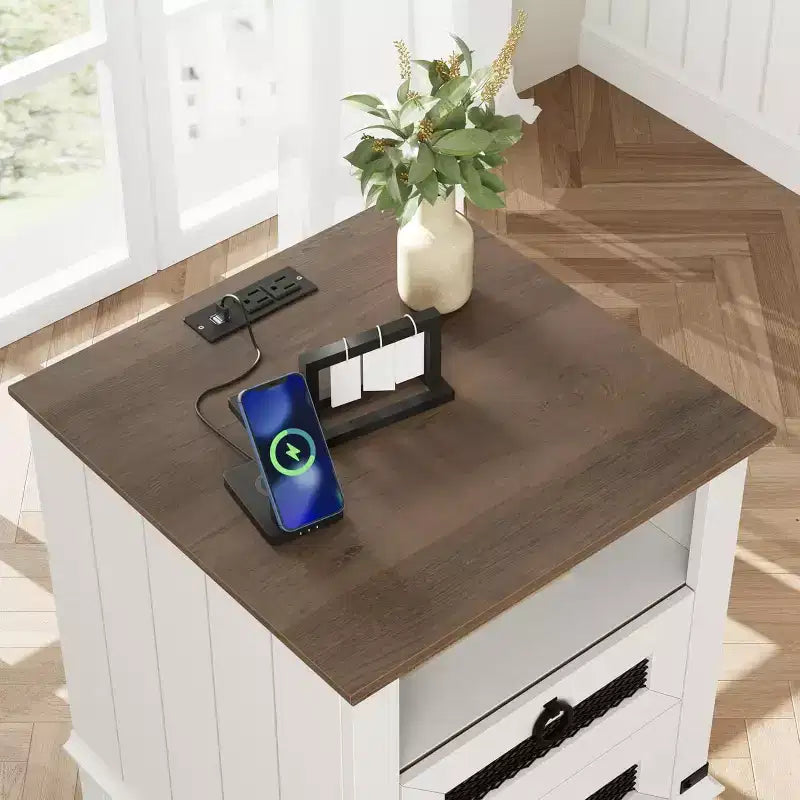 Nightstand with Charging Station, End Table with Drawer and Open Shelf, Brown and White