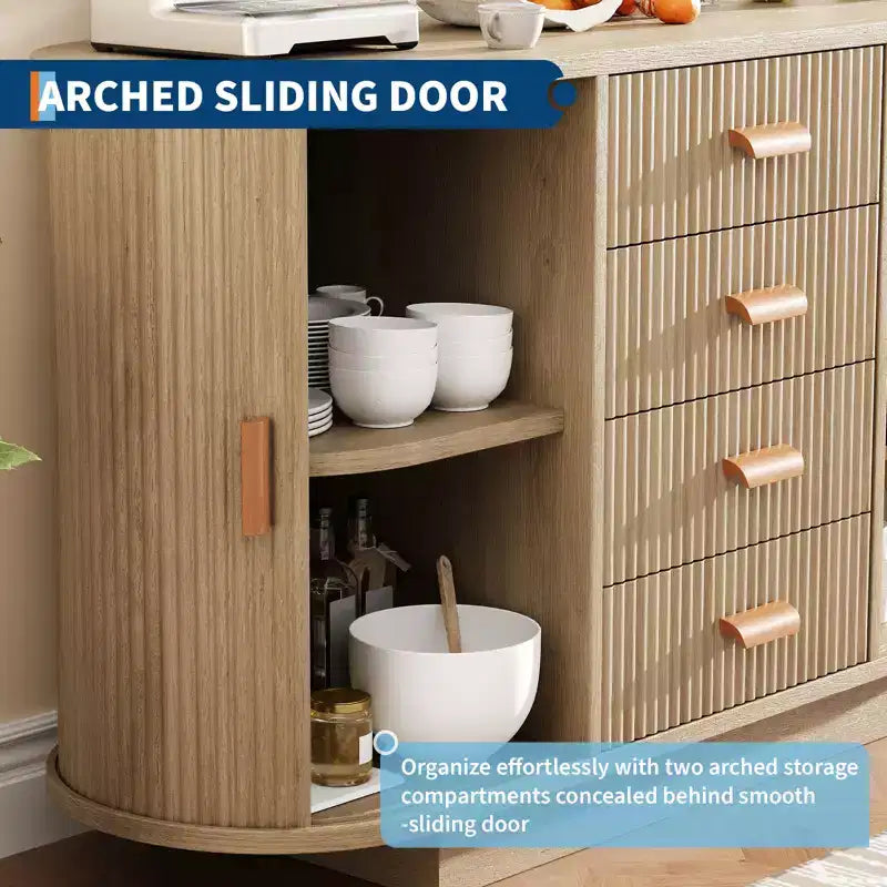 47" Modern Fluted Buffet Sideboard with 4 Drawers and 2 Arched Sliding Doors