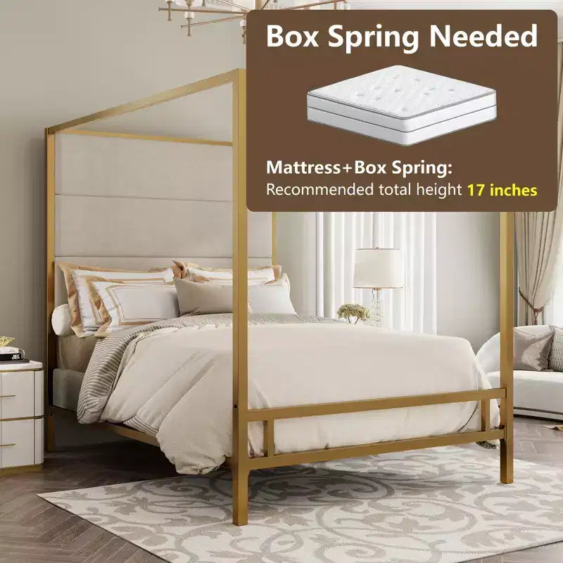 Queen Canopy Bed with Tall Velvet Upholstered Headboard
