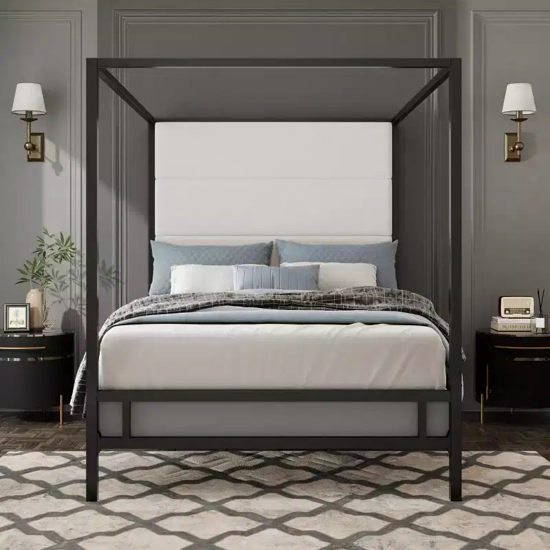 Queen Canopy Bed with Tall Velvet Upholstered Headboard