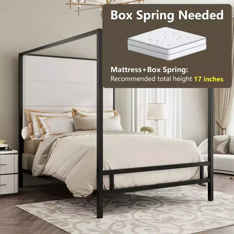 Queen Canopy Bed with Tall Velvet Upholstered Headboard