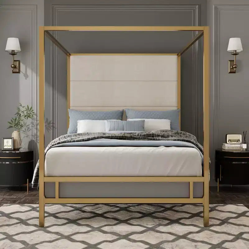 Queen Canopy Bed with Tall Velvet Upholstered Headboard