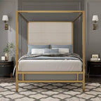 Queen Canopy Bed with Tall Velvet Upholstered Headboard