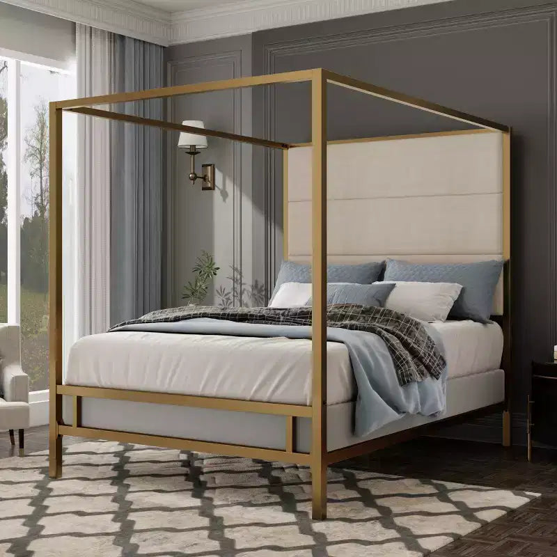Queen Canopy Bed with Tall Velvet Upholstered Headboard
