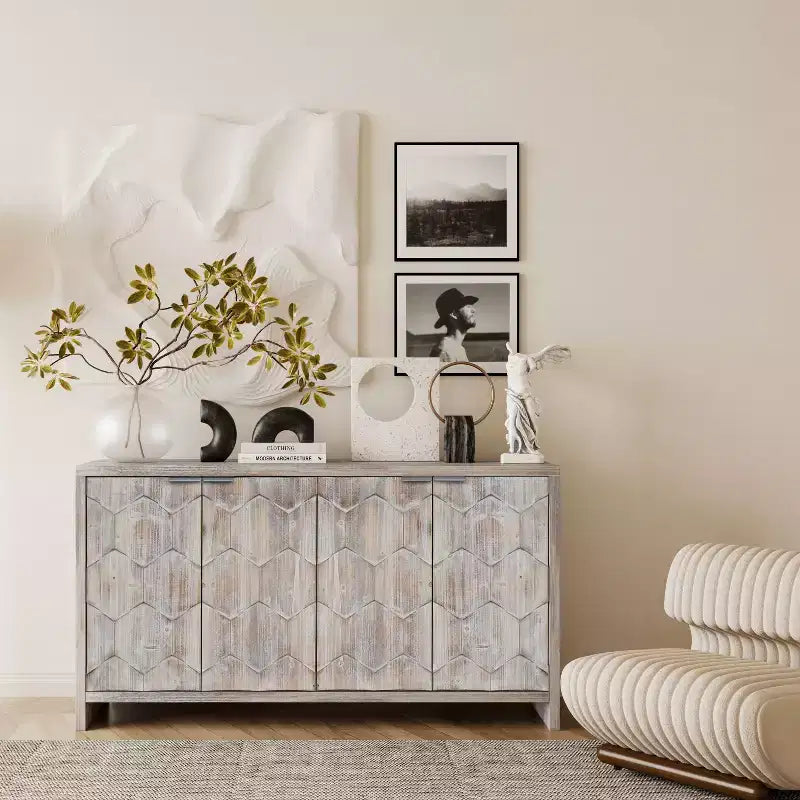 Farmhouse Accent Cabinet with Carved Door Panels – 3-Door Sideboard Storage Cabinet