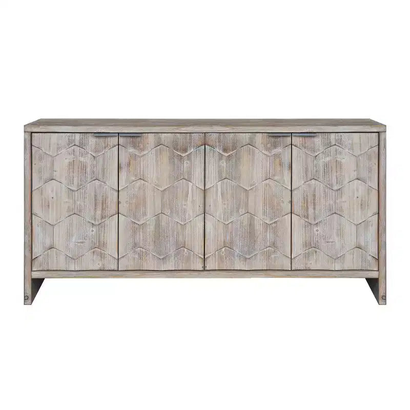 Farmhouse Accent Cabinet with Carved Door Panels – 3-Door Sideboard Storage Cabinet