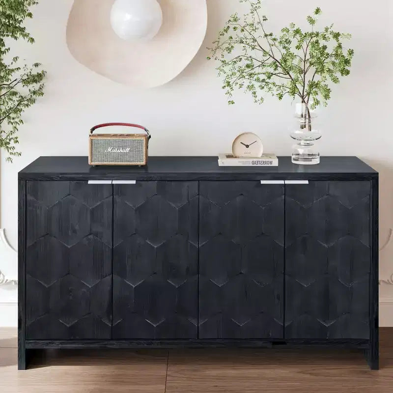 Farmhouse Accent Cabinet with Carved Door Panels – 3-Door Sideboard Storage Cabinet