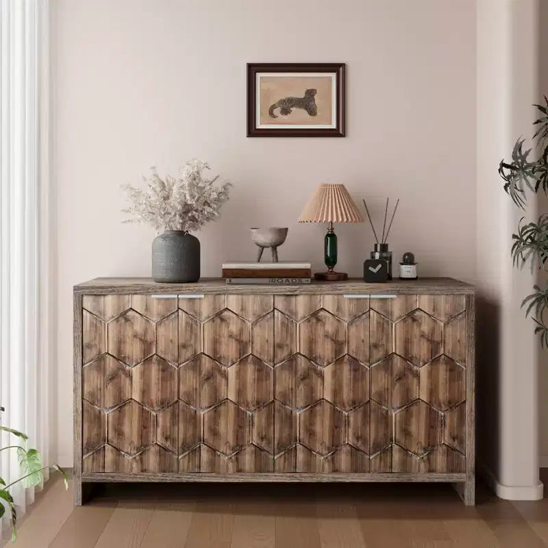 Farmhouse Accent Cabinet with Carved Door Panels – 3-Door Sideboard Storage Cabinet