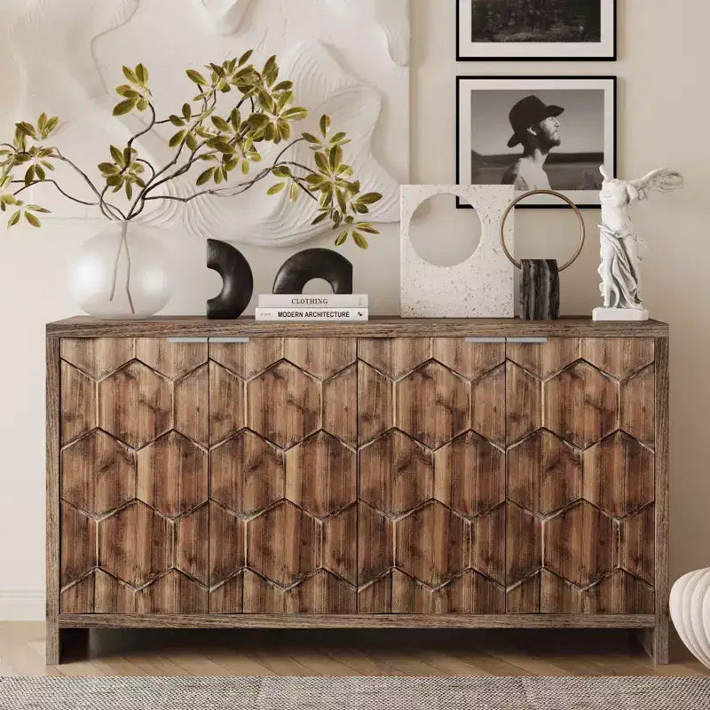 Farmhouse Accent Cabinet with Carved Door Panels – 3-Door Sideboard Storage Cabinet