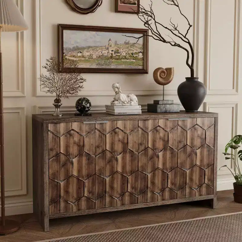 Farmhouse Accent Cabinet with Carved Door Panels – 3-Door Sideboard Storage Cabinet