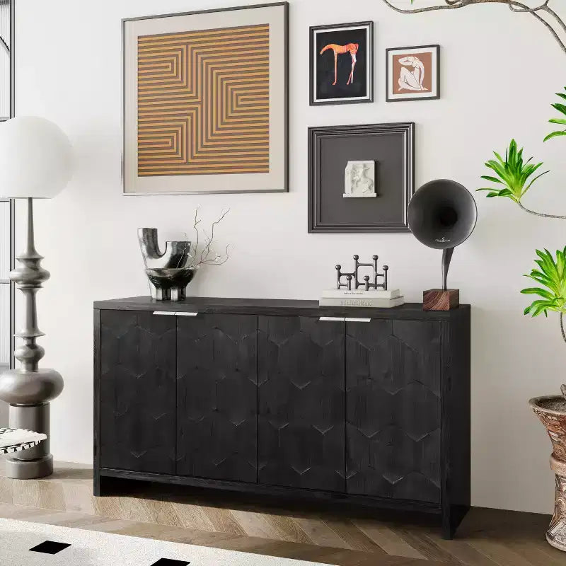 Farmhouse Accent Cabinet with Carved Door Panels – 3-Door Sideboard Storage Cabinet