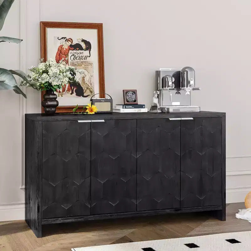 Farmhouse Accent Cabinet with Carved Door Panels – 3-Door Sideboard Storage Cabinet