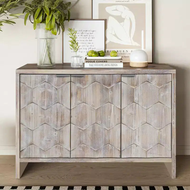 Farmhouse Accent Cabinet with Carved Door Panels – 3-Door Sideboard Storage Cabinet