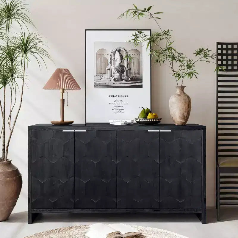 Farmhouse Accent Cabinet with Carved Door Panels – 3-Door Sideboard Storage Cabinet