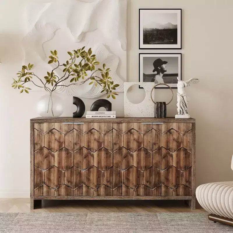 Farmhouse Accent Cabinet with Carved Door Panels – 3-Door Sideboard Storage Cabinet
