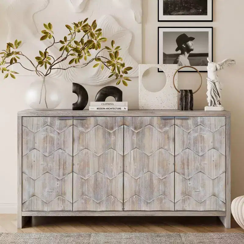 Farmhouse Accent Cabinet with Carved Door Panels – 3-Door Sideboard Storage Cabinet