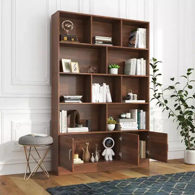 Modern 70.87'' 4-Tier Bookshelf with 10 Cubes and 3 Doors