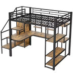 Full Size Metal Loft Bed with Desk, Wardrobe, Storage Stairs and Shelves