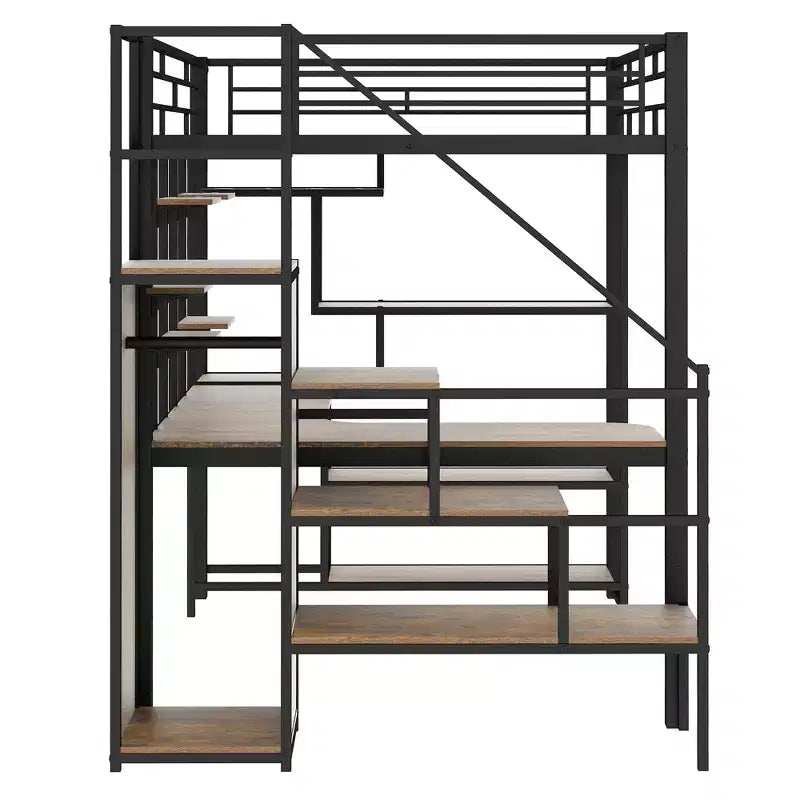 Full Size Metal Loft Bed with Desk, Wardrobe, Storage Stairs and Shelves